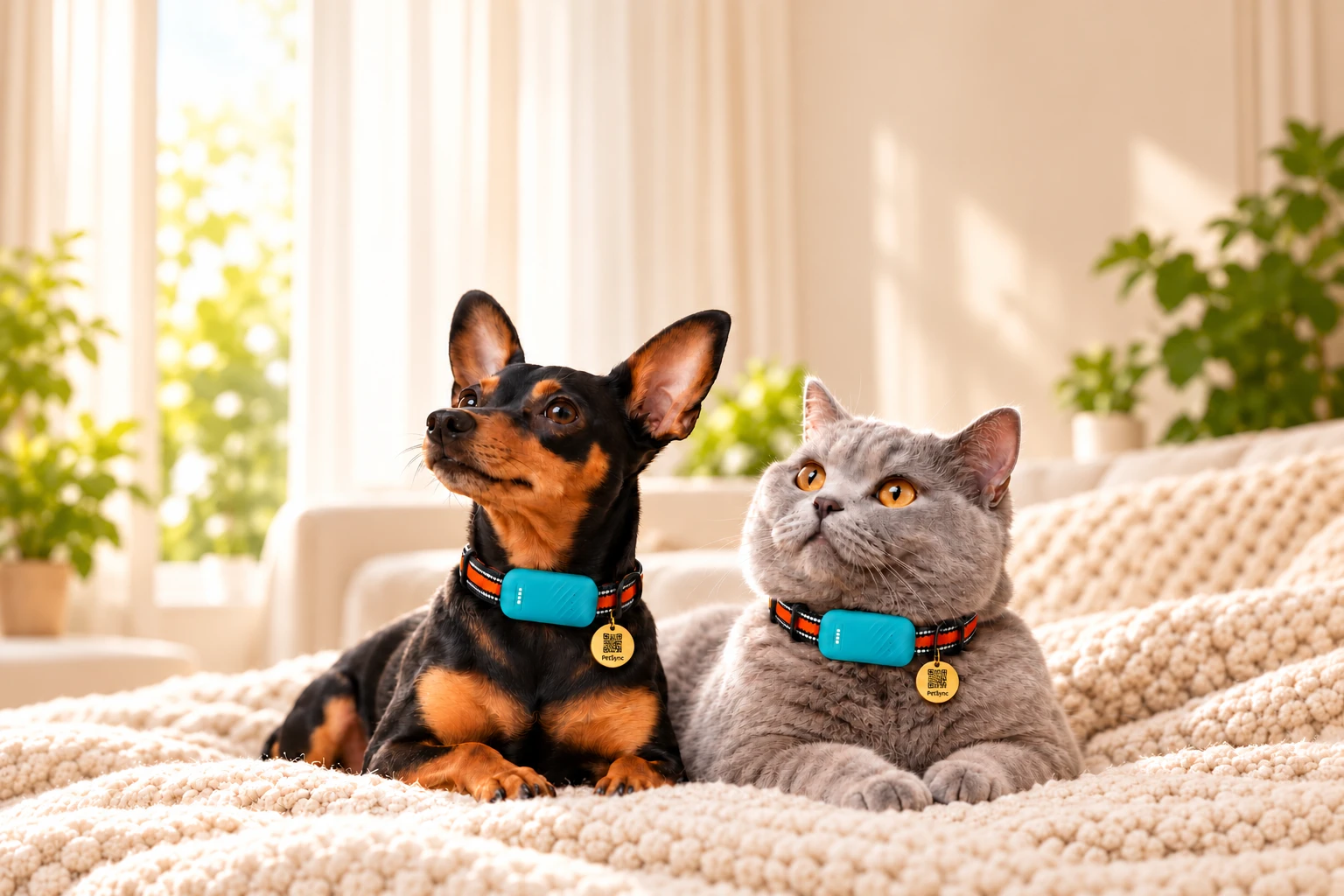 Imagem atual do site: Pinscher e gato cinza com as coleiras e rastreadores, preservada integralmente